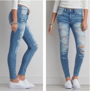 AEO light wash destroyed hi-rise jegging